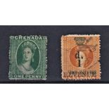Grenada 1873-Definitive SG10 used 1d very green thin perfs cat value £50-and 'Surch' revenue stamp