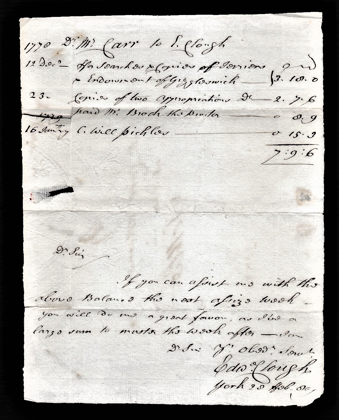 Yorkshire 1779 EL York to Settle, with SL York, legal bill, m/s '3' rate