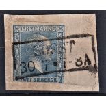 German States Prussia 1857-SG10 used 2 SG's on piece with early soest box cancel - cat value £120