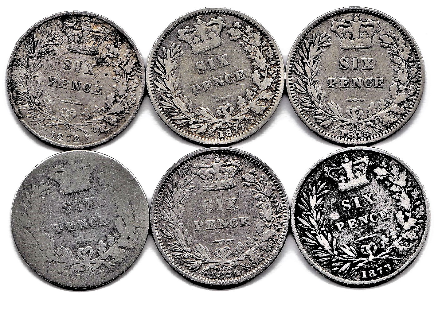 1872 (2), 1873, 1874, 1875 and 1877 Victoria Threepences with Die Numbers 5 & 14, 78, 43, 58 and Die - Image 2 of 2