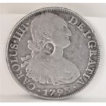 1793 Emergency Trade Dollar Charles III Countermarked George III, SVF. Spink 3765A