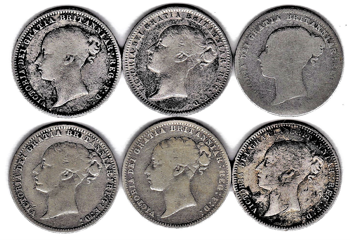 1872 (2), 1873, 1874, 1875 and 1877 Victoria Threepences with Die Numbers 5 & 14, 78, 43, 58 and Die