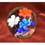 Vintage Glass paperweight in a red satin box with bead embellishment. The Paperweight in a floral