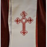 Red and White long, thick stole used for Christmas season. Beautiful embroidered cross on bottoms