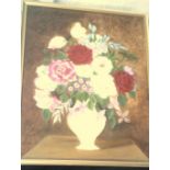 Painting - Oil Painting- A still life of flowers, mostly roses in a vase, 14" x 18" framed