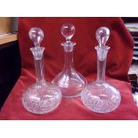 (3) Lead crystal decanters with stoppers (glass orb style) and (1) lead crystal brandy glass. Mint