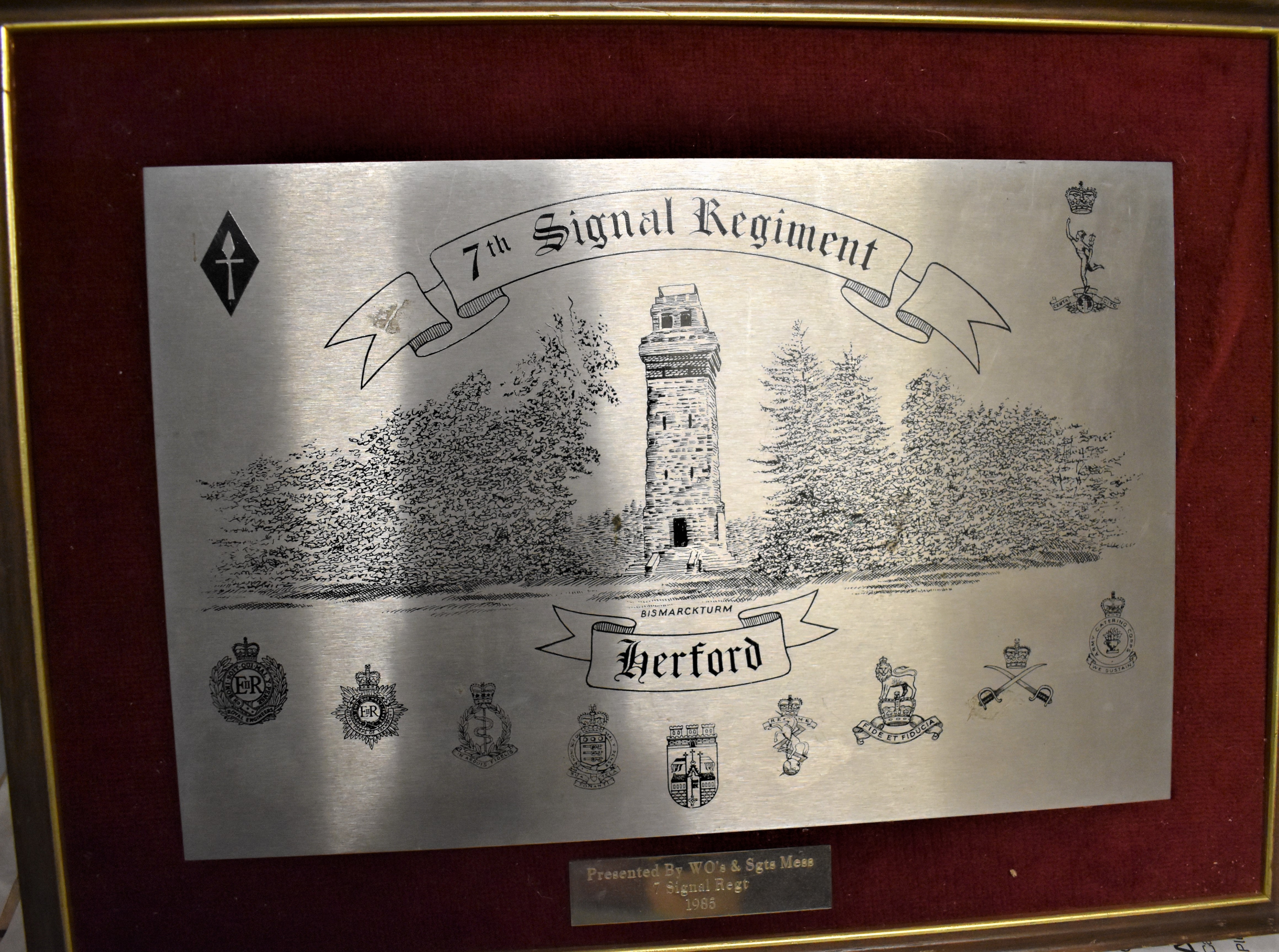 7th Signals Regiment Herford Framed Presentation placard, presented by WO's & Sgts Mess 7th Signal