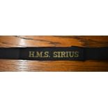 H.M.S. SIRIUS British Naval Cap Tally:- H.M.S. Sirius was a Dido-class light cruiser of the Royal