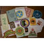 Scouting. Good assortment of unit badges, stickers, covers, and a Catholic scouts prayer book etc.