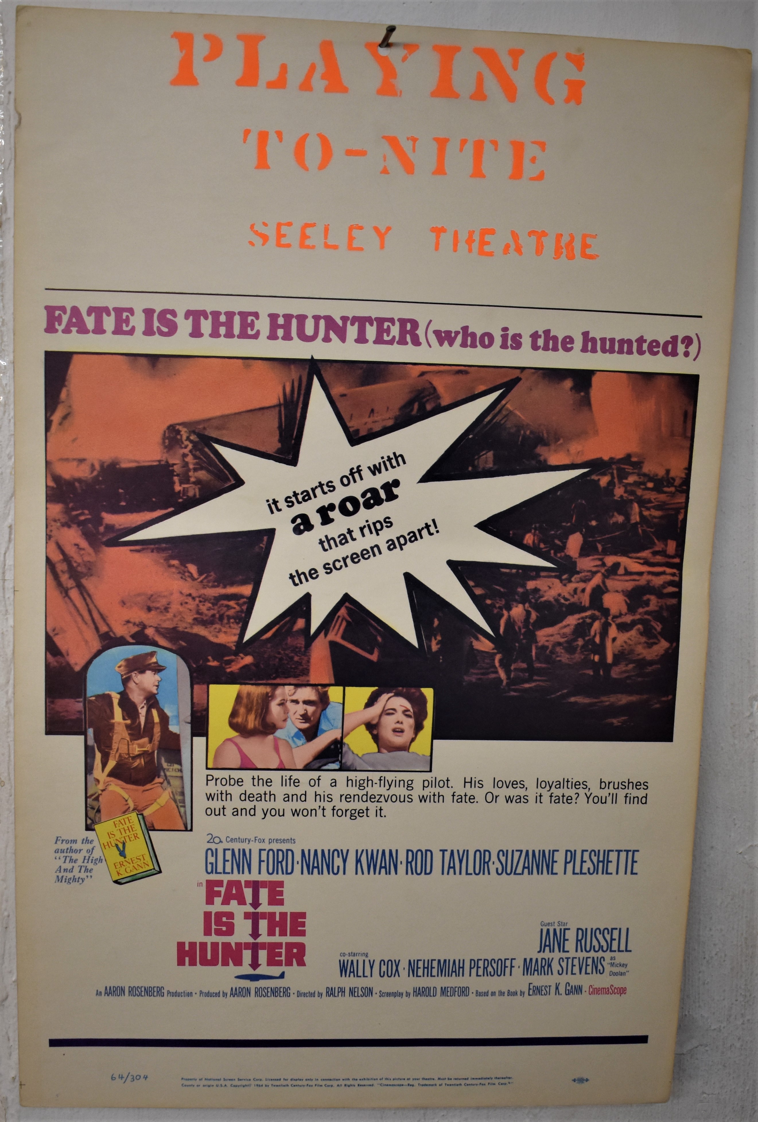 Film Poster - Fate is the Hunter - 20th century Fox- vintage 1964 - 12" x 24"