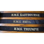 British Naval Cap Tallies (3):- H.M.S. RHYL, H.M.S. TRIUMPH and H.M.S. EASTBOURNE:- H.M.S. Rhyl
