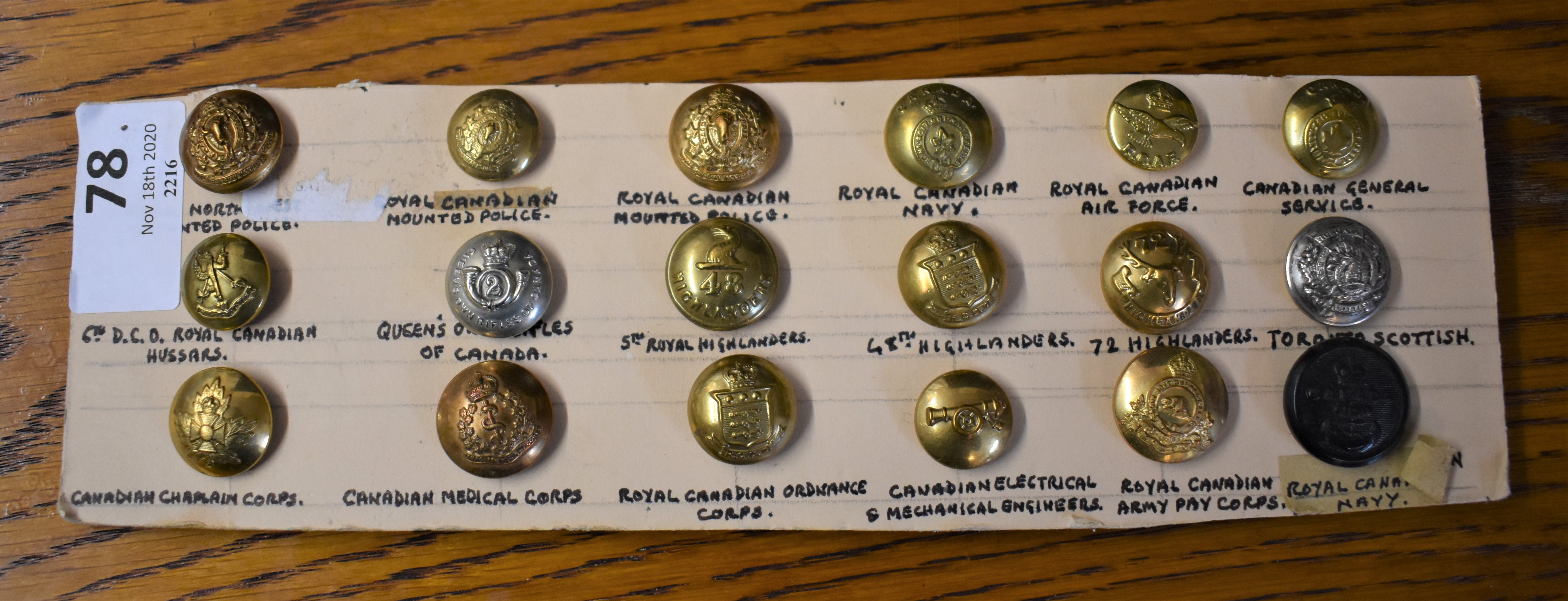 British Commonwealth Buttons (18) small including: Royal Canadian Mounted Police, 6th D.C.O. Royal