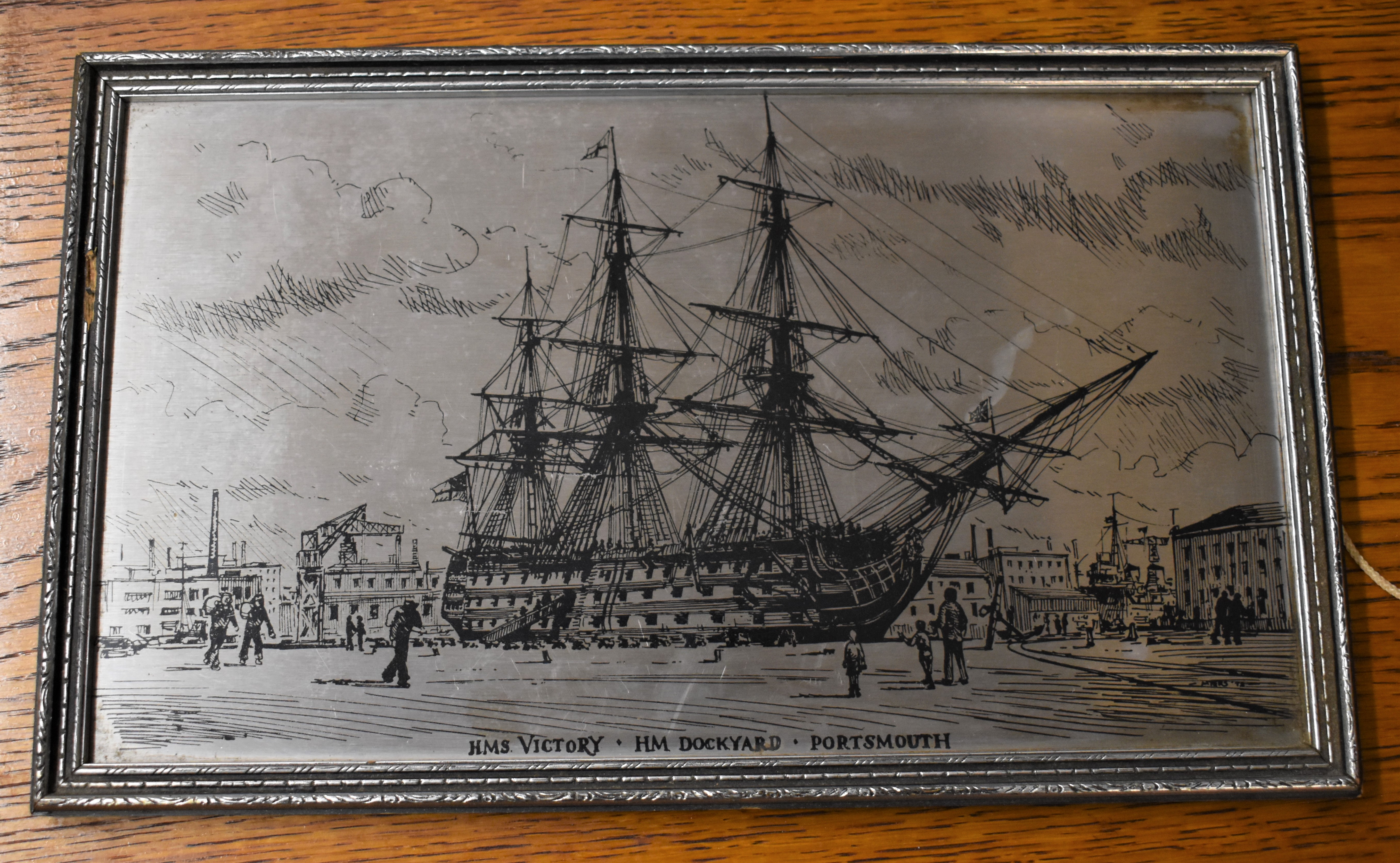H.M.S. Victory at Portsmouth Dockyard - An Etching on Stainless Steel made in Cornwall by Manuscript