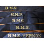 British Naval Cap Tallies including: H.M.S. Vernon (Shore Establishment) and (3) H.M.S. Cap