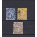 Falkland Islands 1891-1902 definitives S.G. 27 used 21/2d, S.G. 34 used 6d and S.G. 38 used 1s.