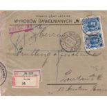 Russia/Poland 1914 Env Posted registered to London cancelled 13/7/1914 Lodz Central on a pair of S.