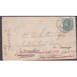 India 1897 envelope originally posted to Lucknow cancelled 3/12/1897 origin indistinct on S.G. 84