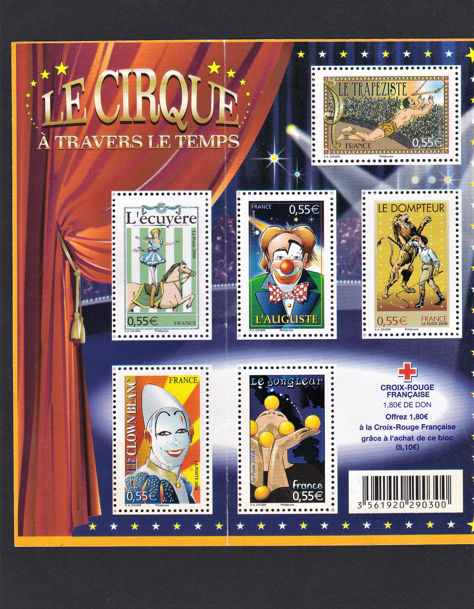 France 2008 Circus u/m miniature sheet MS4482 sold with premium for French Red Cross, comprises S.G.