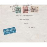 Spanish Civil War 1937 env posted to Paris cancelled 1937 Las Palmas Airmail on S.G. 26-28 Canary