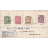 Falkland Islands 1919 (12 Dec) Registered cover stationery to Norwood with War Tax set 1/2, 1d and