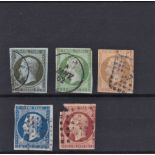 France 1853 definitives S.G. 42, 45, 50, 51 used and S.G. 70 used to LH corner damage. Cat value £