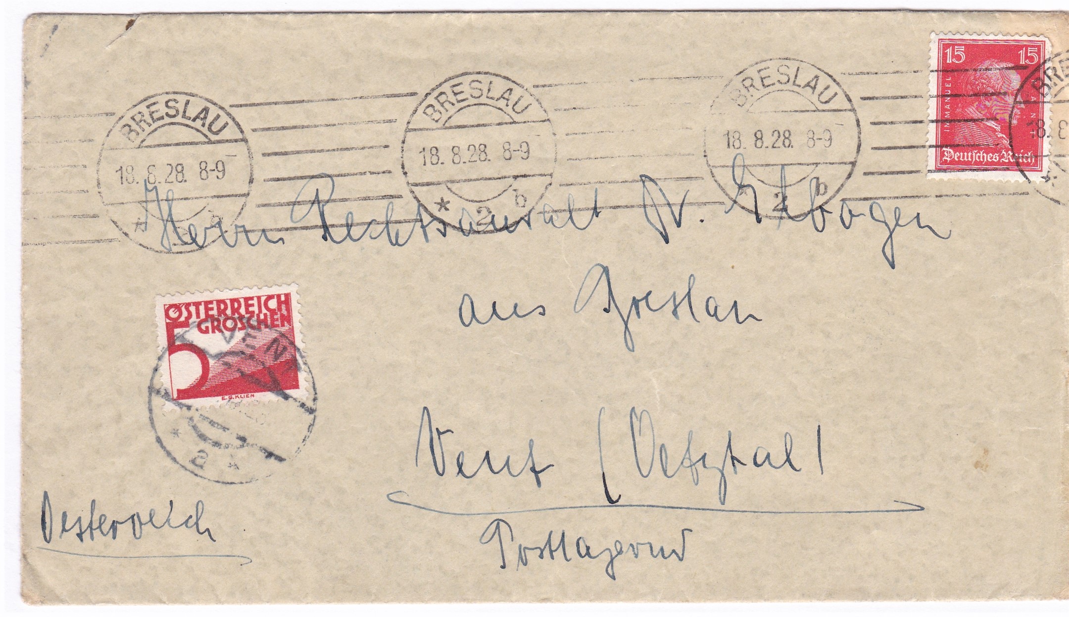 Germany 1928 envelope cancelled 18/8/1928 with a Breslau machine cancel on S.G. 406 15pf stamp