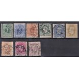 Belgium 1869 definitives S.G. 46, 59a, 60, 50, 51b, 62, 53a, 54b, 56 fine used to 1 Franc. Cat value