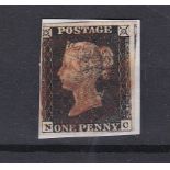 Great Britain 1840 Penny Black, NC, three good to very large margins, red MX, on piece.