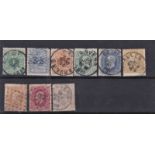 Belgium 1869 definitives S.G. 46,59a, 60, 51b, 62, 53a, 54b, 56 fine used to 1 Franc. Cat value £65