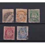 Norway 1877 definitives S.G. 47, 84c, 85d, 86a, 87 used. Cat value £32.50