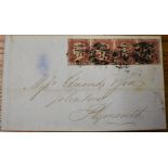 Great Britain 1850 (26 Dec) wrapper standard to Plymouth with 1841 1d red strip of four J0JK -