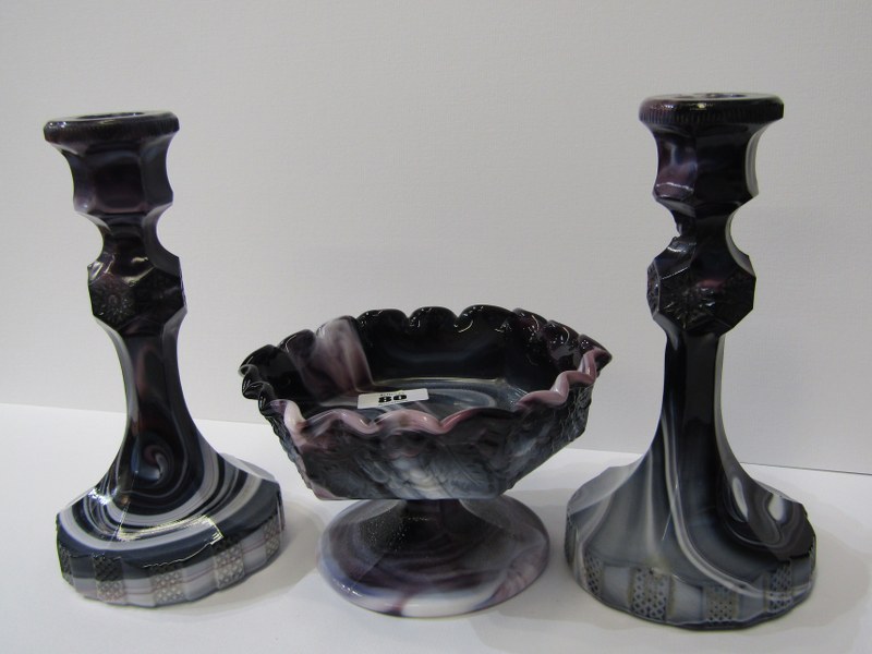 SLAG GLASS, purple marbled glass, hexagonal cream dish and pair of hexagonal candlesticks by