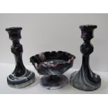 SLAG GLASS, purple marbled glass, hexagonal cream dish and pair of hexagonal candlesticks by