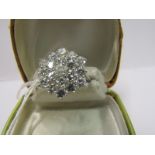 18CT WHITE GOLD DIAMOND CLUSTER RING, 19 brilliant cut well matched diamonds of good colour