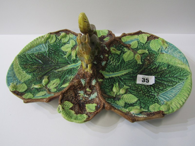 VICTORIAN MAJOLICA, squirrel handled twin bowl nut dish, impressed kite registration mark (repair to