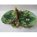 VICTORIAN MAJOLICA, squirrel handled twin bowl nut dish, impressed kite registration mark (repair to