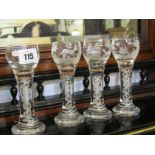 GLASSWARE, 4 cotton twist stem liquor glasses, 3 with hunting etched decoration