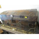ANTIQUE DOCUMENT BOX, studded and metal banded domed top document box with wrought iron carrying