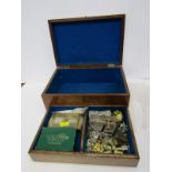 COSTUME JEWELLERY, wooden box containing a selection of costume jewellery including cufflink, silver