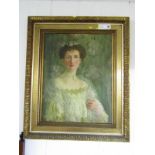 MARGUERITE TORBERY? indistinctly signed oil on canvas, "Portrait of Young Lady in lace dress", 27.5"