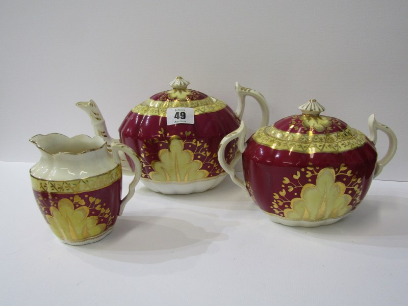 VICTORIAN TEA SERVICE, Mid 19th Century gilded claret bodied tea service including teapot, sucrier