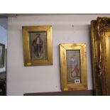 OIL ON BOARD, pair of studies of 18th Century porcelain figures, 8" x 3.5"