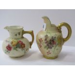 ROYAL WORCESTER, 2 gilt handled floral decorated cream jugs