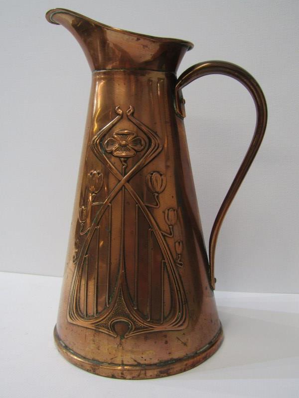 ART NOUVEAU, floral embossed copper conical jug by Sankey, 9" high