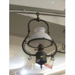 LIGHTING, Edwardian design brass hanging oil lamp with milk glass shade