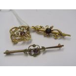 3, 9ct YELLOW GOLD STONE SET BROOCHES, 1 red stone and pearl, 1 amethyst and pearl, 1 red stone,