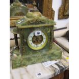 EDWARDIAN MANTEL CLOCK, green onyx "temple" design mantel clock with key, 12.5" height