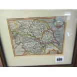 17th CENTURY MAP, after Van Der Keere, hand coloured map of Yorkshire, 5" x 6.5"