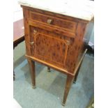 FRENCH MARBLE TOPPED BEDSIDE CABINET, inlaid drawer and cupboard base with gilded brass handle