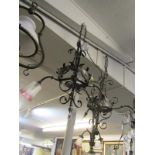 LIGHTING, pair of Art Nouveau design wrought triple branch electrolier with 2 frosted cranberry